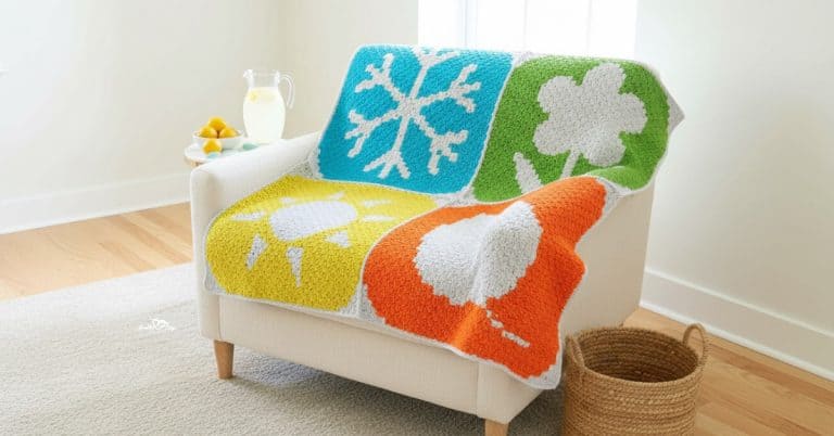 C2C four seasons crochet blanket draped over a cream armchair in a bright living room, featuring colorful seasonal blocks with a snowflake, shamrock, sun, and autumn leaf, styled with lemonade on a side table and a woven basket nearby.
