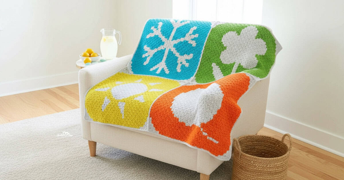 C2C four seasons crochet blanket draped over a cream armchair in a bright living room, featuring colorful seasonal blocks with a snowflake, shamrock, sun, and autumn leaf, styled with lemonade on a side table and a woven basket nearby.