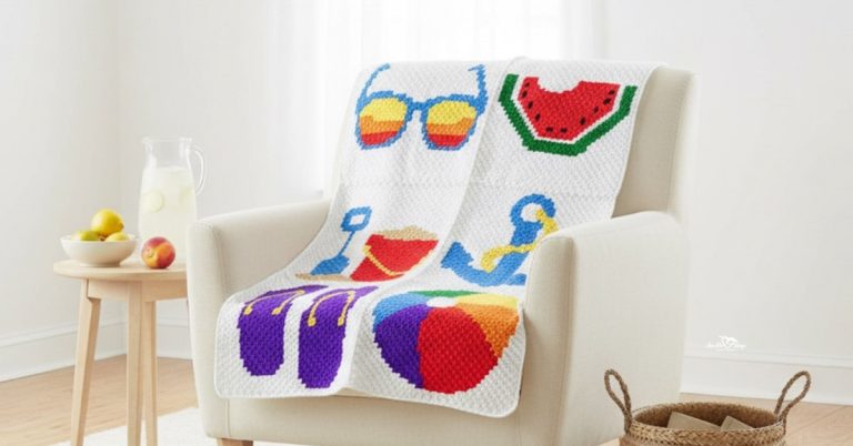 C2C summer blanket draped over a cream armchair in a bright living room, featuring colorful beach-themed squares like sunglasses, watermelon, sand bucket, waves, flip flops, and a beach ball, with lemons and lemonade on a side table.