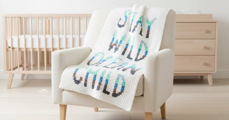 C2C crochet word blanket with the phrase “Stay Wild Child” draped over a cream armchair in a bright nursery.