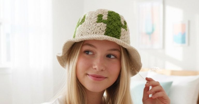 Teen girl wearing a cream crochet bucket hat with green cactus designs in a bright modern bedroom.