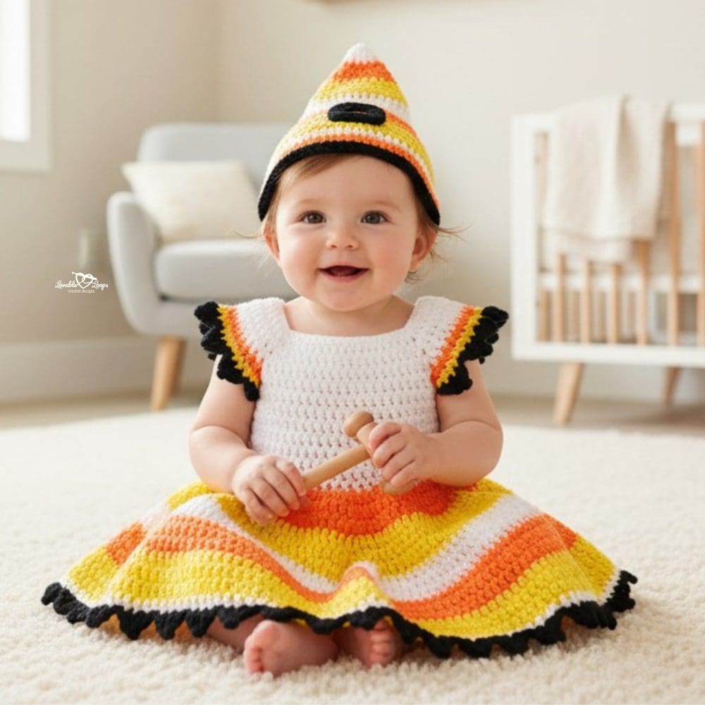 Crochet candy corn witch baby costume pattern with a striped Halloween dress and pointed hat, shown in a bright nursery.