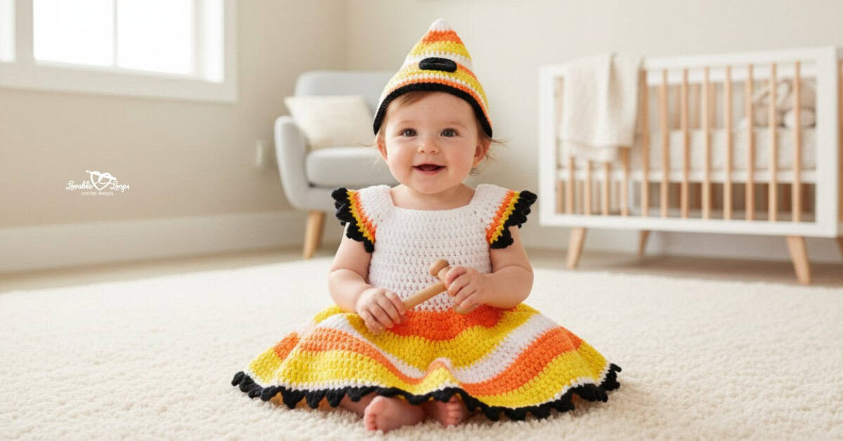 Baby wearing a candy corn crochet dress and matching striped hat, sitting on a cream rug in a cozy nursery.
