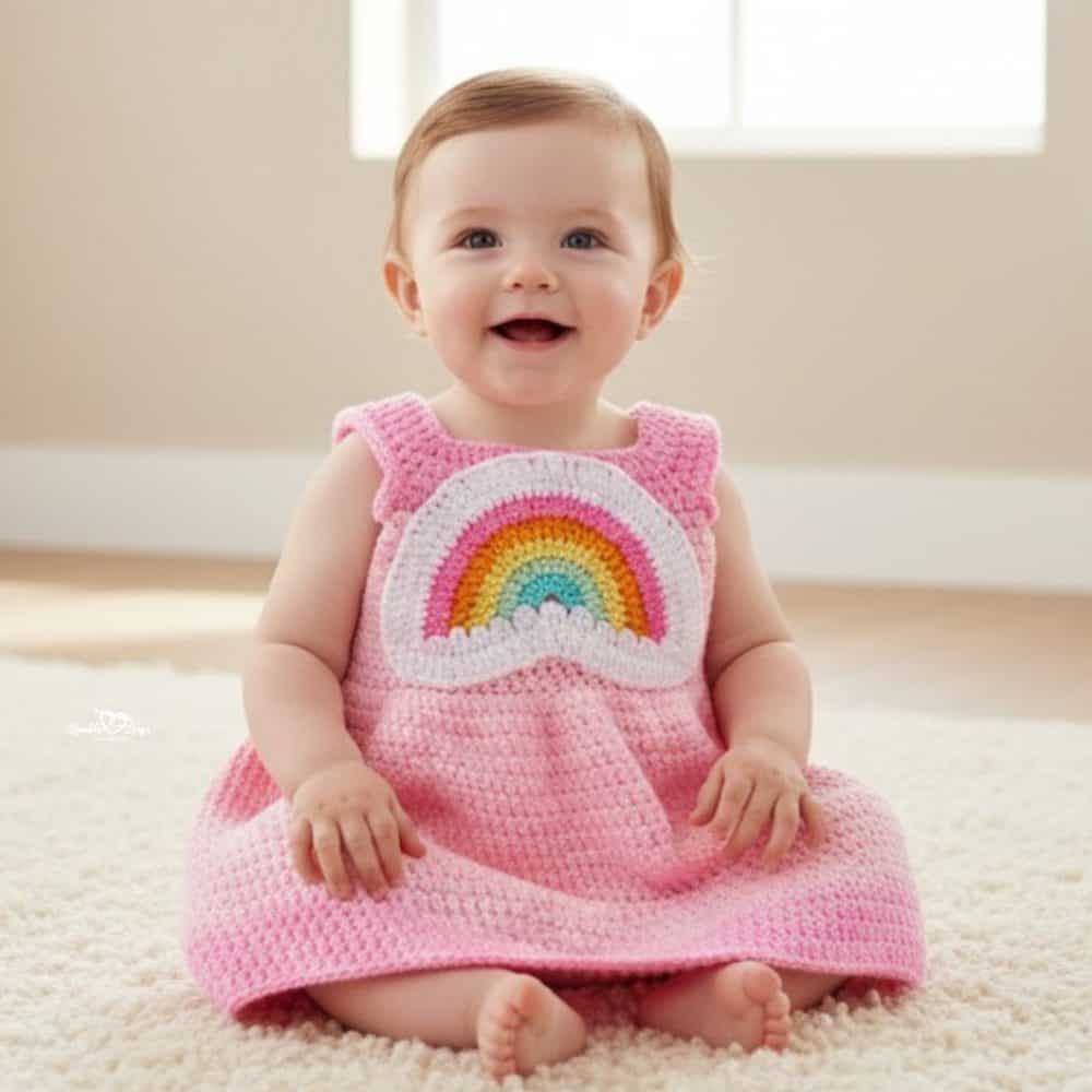 Baby wearing a pink crochet dress with a rainbow applique, sitting on a soft white rug in a neutral nursery.