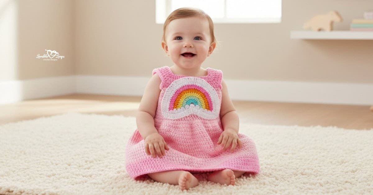 Baby sitting on a cream rug in a nursery, wearing a pink crochet dress with a rainbow cloud appliqué on the front.