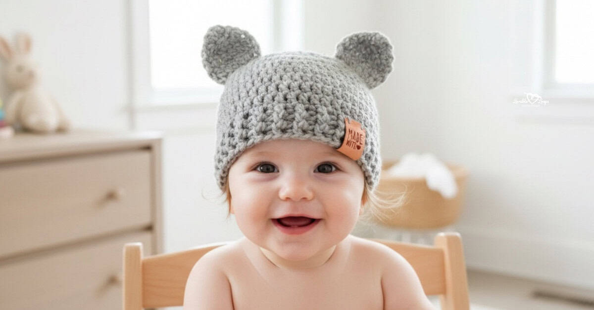 Smiling baby wearing a light gray crochet hat with soft round cat ears in a bright neutral nursery.