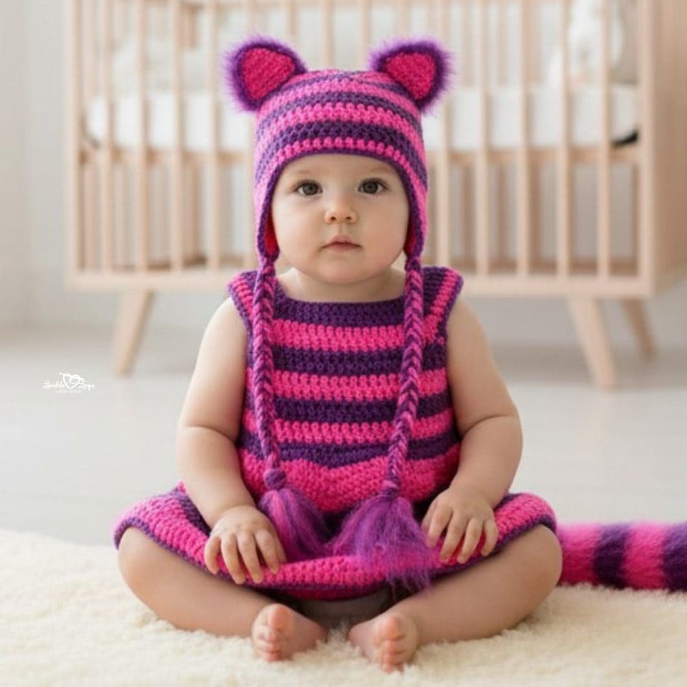 Baby wearing a pink and purple striped Cheshire Cat crochet costume with matching ear hat and tail, sitting on a white rug.