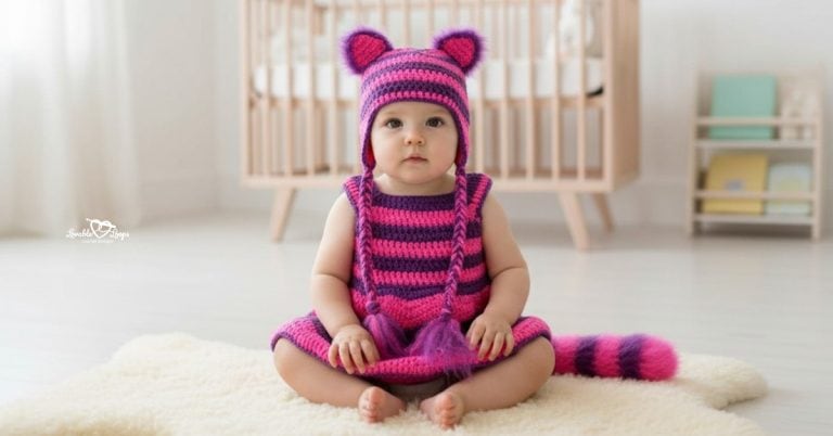 Baby sitting on a white rug in a nursery, wearing a pink and purple striped crochet Cheshire Cat costume with a matching earflap hat and striped tail.
