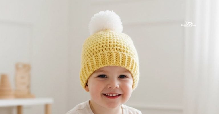 Child wearing a yellow crochet hat with a white pom pom, photographed in a bright neutral room with soft natural light.