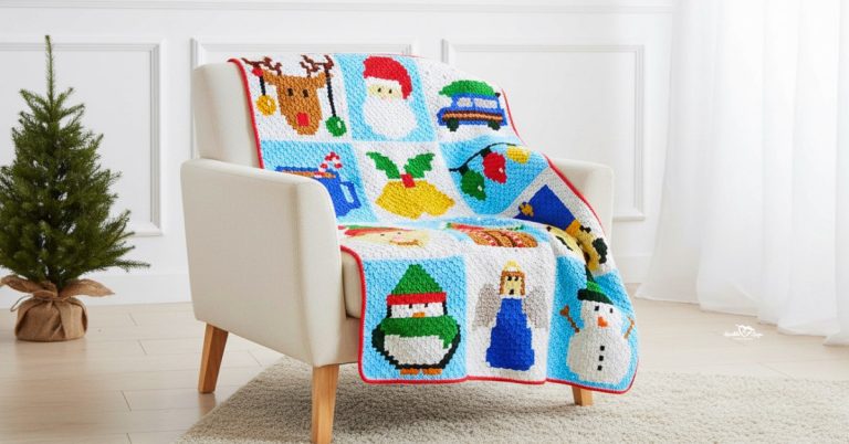 C2C crochet Christmas blanket with holiday squares including a reindeer, Santa, bells, ornaments, penguin, angel, and snowman draped over a white armchair in a festive living room.