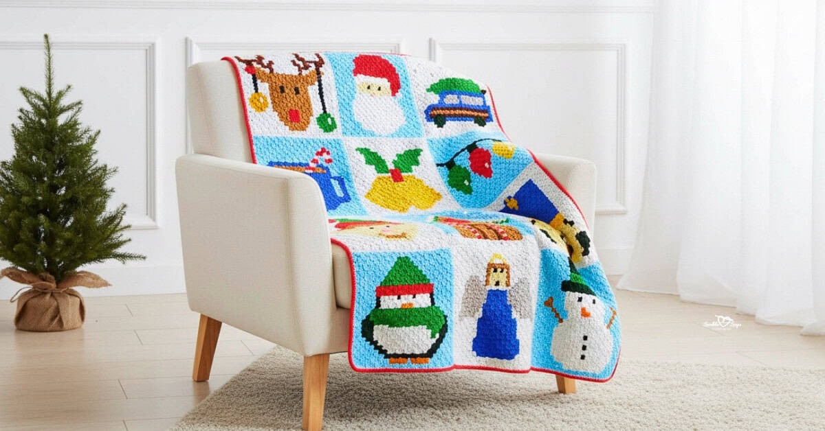 C2C crochet Christmas blanket with holiday squares including a reindeer, Santa, bells, ornaments, penguin, angel, and snowman draped over a white armchair in a festive living room.