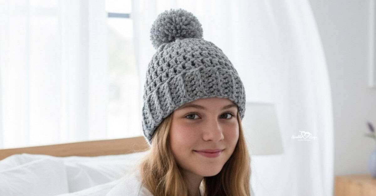 Teen girl wearing a gray chunky crochet beanie with a pom pom in a bright modern bedroom.