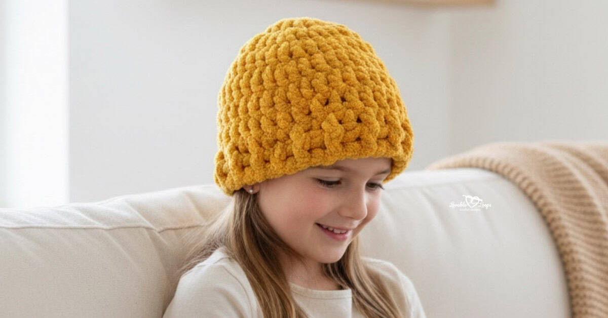 Child wearing a mustard chunky crochet beanie, photographed in a cozy modern cabin with light wood walls and soft natural light.