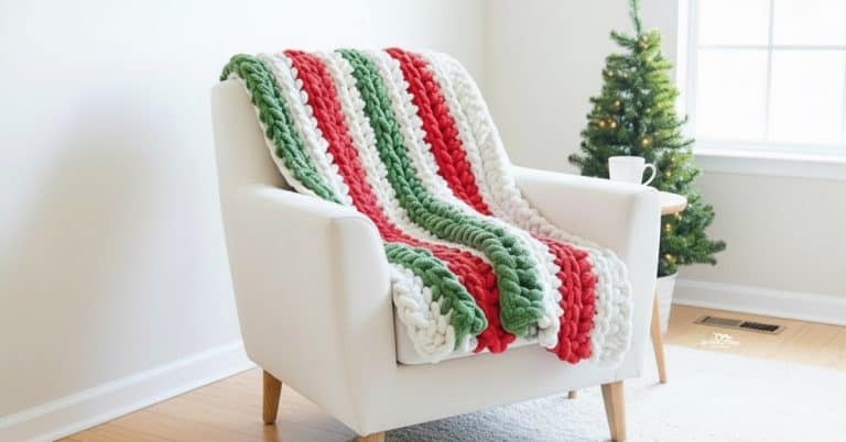 Chunky crochet Christmas blanket with red, green, and cream stripes draped over a white armchair in a bright living room with a small Christmas tree.