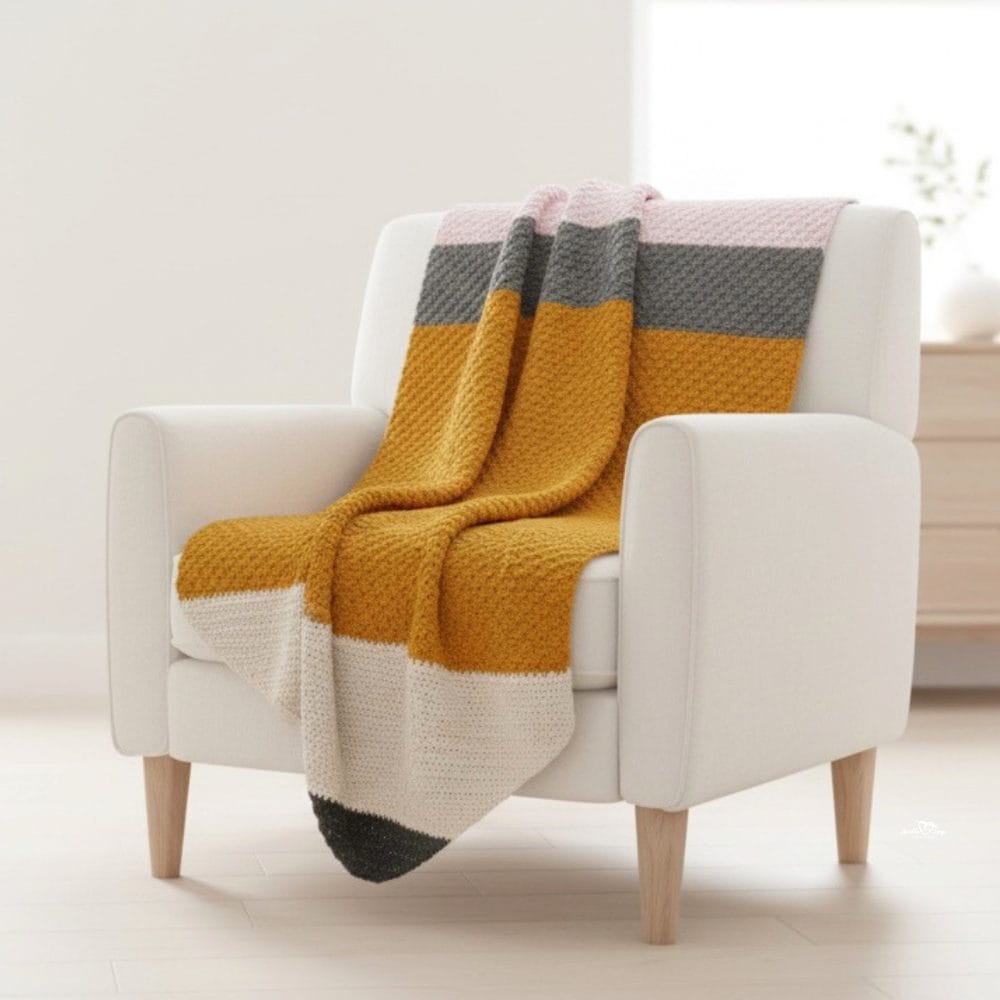Classroom-themed crochet blanket draped over a cream armchair in a bright neutral room, featuring a large pencil design in mustard, gray, pink, white, and black.