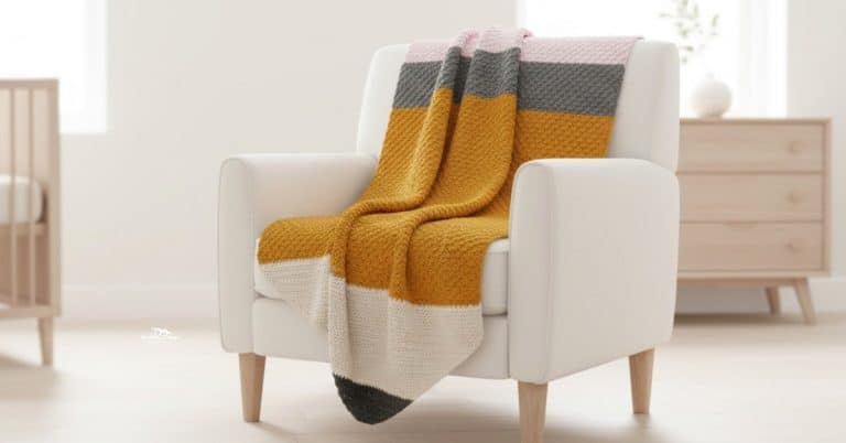 C2C crochet pencil blanket with rows of colorful pencils draped over a cream armchair in a bright nursery.