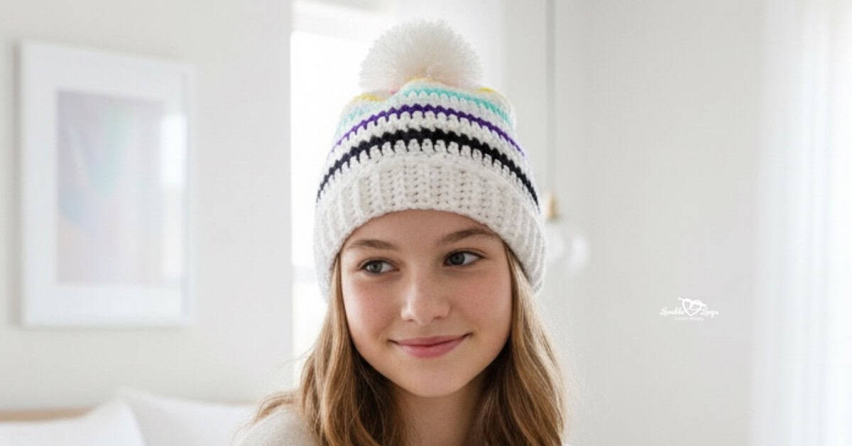 Teen girl wearing a white crochet beanie with colorful stripes and a white pom pom in a bright modern bedroom.