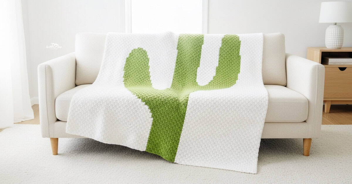 White C2C crochet blanket with a green cactus design draped over a cream sofa in a bright living room.