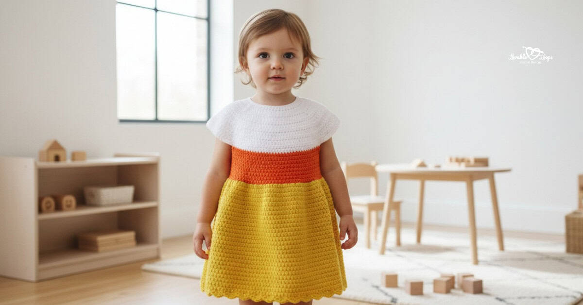 Toddler standing in a bright playroom, wearing a crochet candy corn dress with a white top, orange middle band, and yellow skirt.