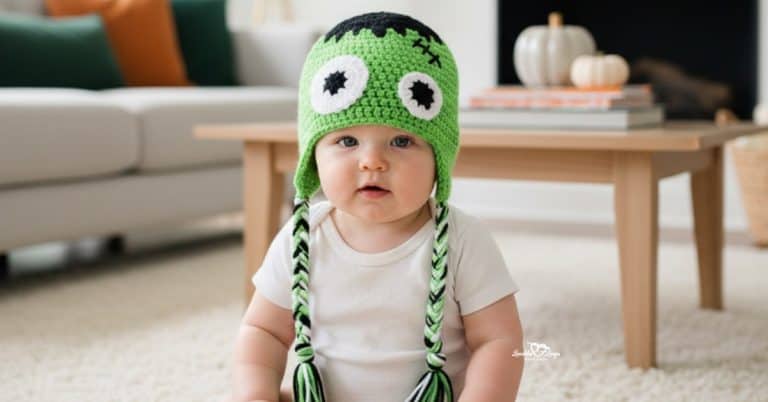 Child wearing a green crochet Frankenstein hat with monster face details and braided earflaps in a cozy living room with subtle Halloween decor
