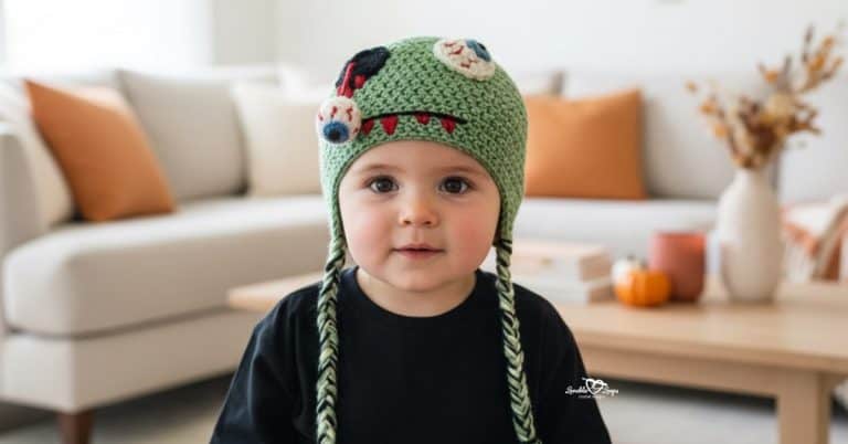 Child wearing a green crochet zombie hat with spooky face details and braided earflaps in a cozy living room with subtle Halloween decor