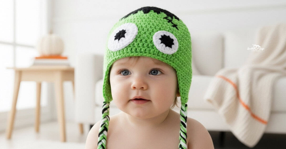 Baby wearing a bright green crochet Frankenstein hat with large white eyes and braided earflaps in a bright neutral room with subtle fall decor.