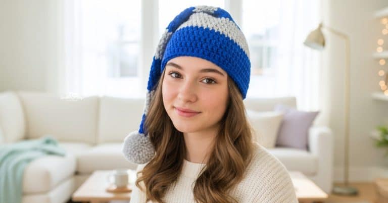 Teenage girl wearing a blue and white crochet Hanukkah hat with a long tail and gray pom-pom in a bright cozy living room.