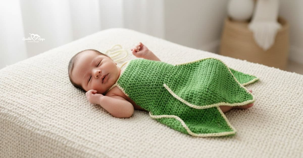 Newborn baby lying on a cream knit blanket, wearing a green crochet Tinker Bell-style dress with cream edging and a pointed leaf-shaped hem.
