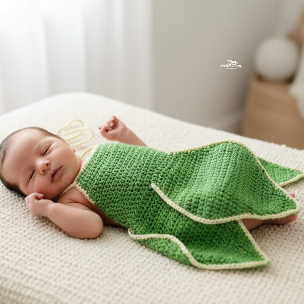 Baby wearing a green crochet Tinker Bell-inspired dress, sitting on a fluffy white rug in a neutral nursery.