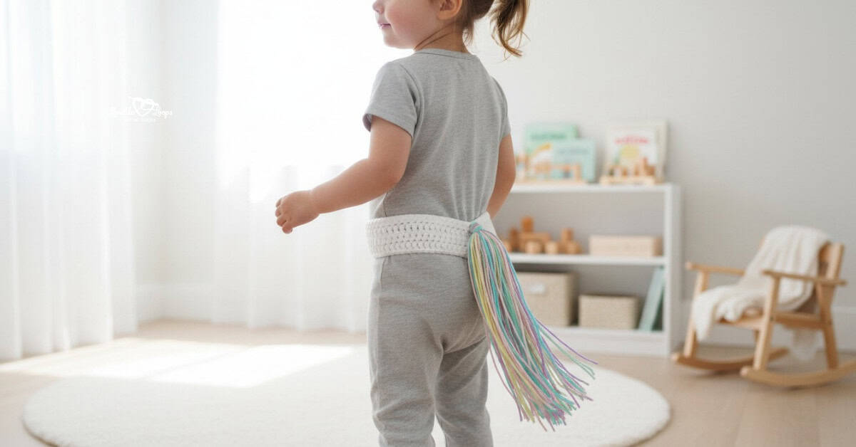 Child standing in a bright playroom, wearing a gray outfit with a white crochet unicorn tail belt and a long pastel yarn tail attached at the back.