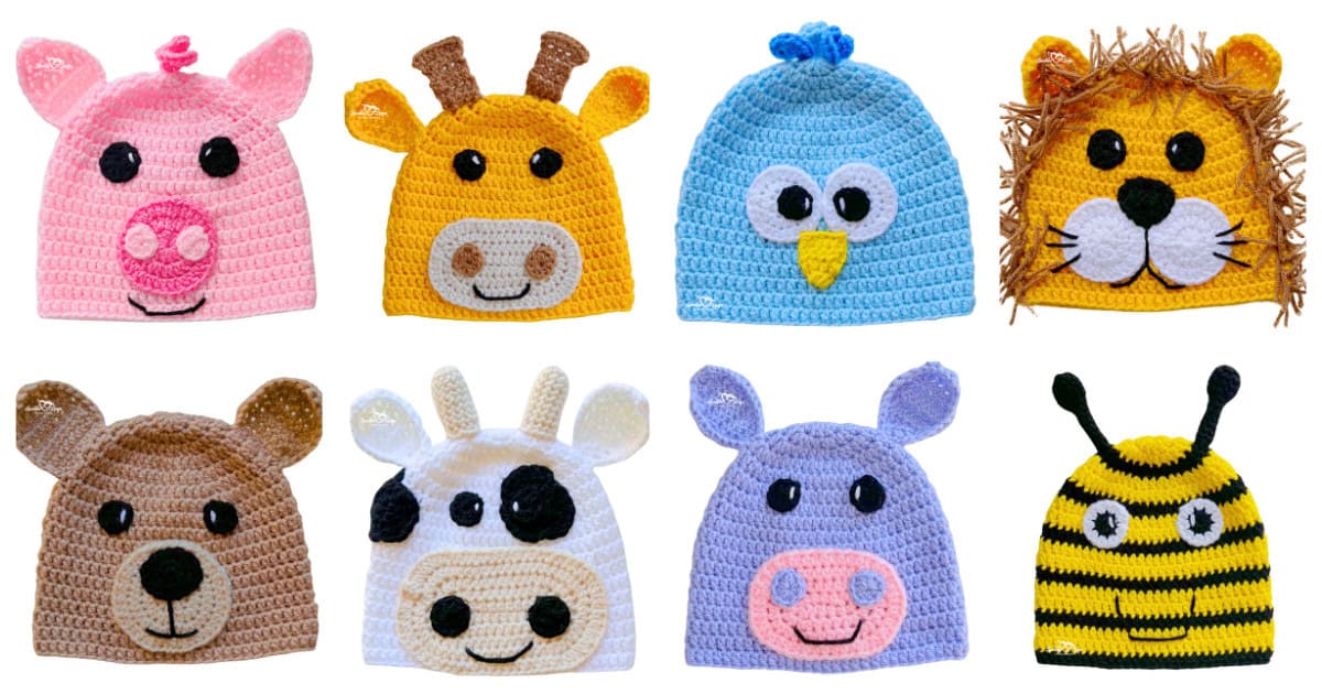crochet animal hat patterns including pig giraffe owl lion bear cow hippo and bee hats