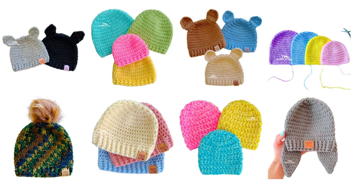 collection of crochet baby hat patterns including newborn hats, baby beanies, bear ear hats, colorful baby hats, and beginner crochet baby hat designs