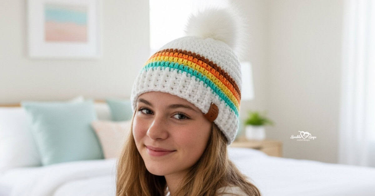 Teen girl wearing a white crochet beanie with rainbow stripes and a white pom pom in a bright modern bedroom.