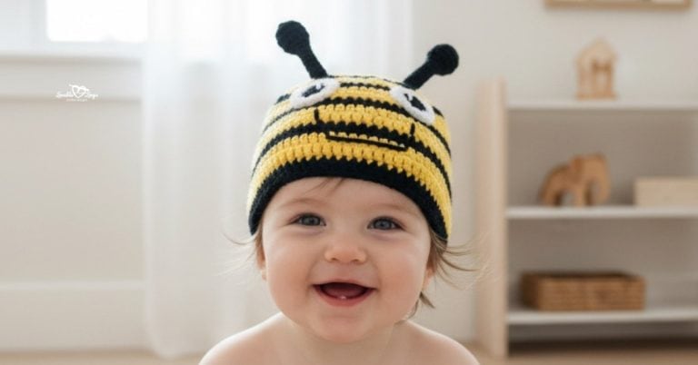 Smiling baby wearing a yellow and black striped crochet bee hat with black antennae in a bright neutral nursery.