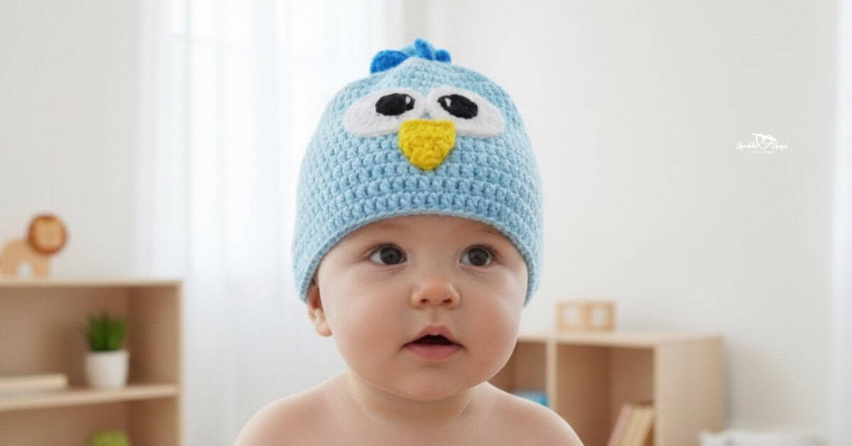 Baby wearing a light blue crochet bird hat with a yellow beak, white eyes, and a small blue crest in a bright neutral nursery.