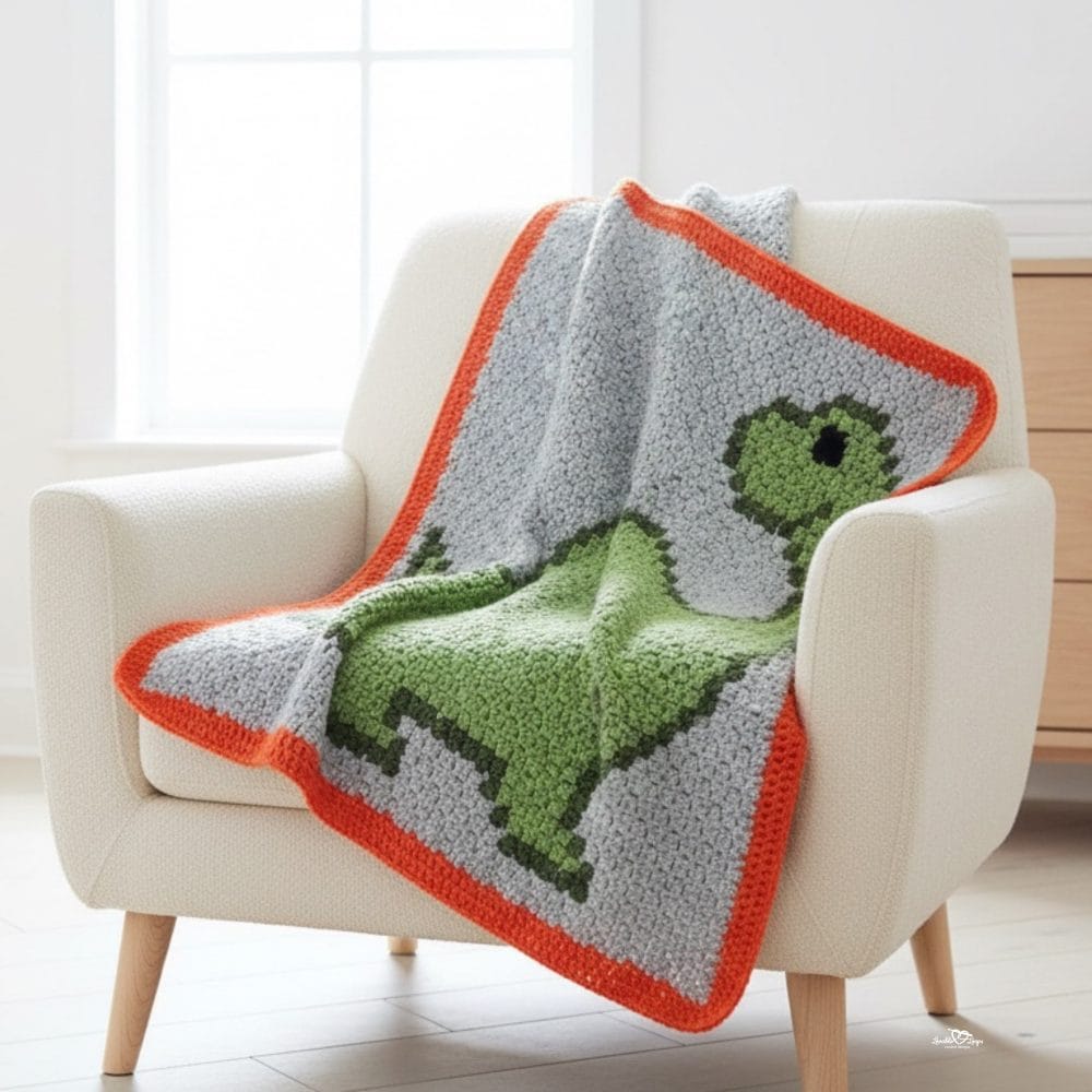 C2C brontosaurus crochet blanket draped over a cream armchair, featuring a green dinosaur on a gray background with an orange border.