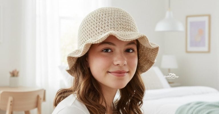 Teen girl wearing a cream crochet bucket hat in a bright modern bedroom.