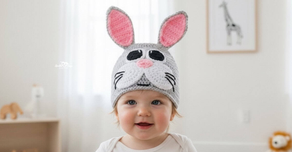 Baby wearing a gray crochet bunny hat with tall pink ears, whiskers, and a small pink nose in a soft neutral nursery.
