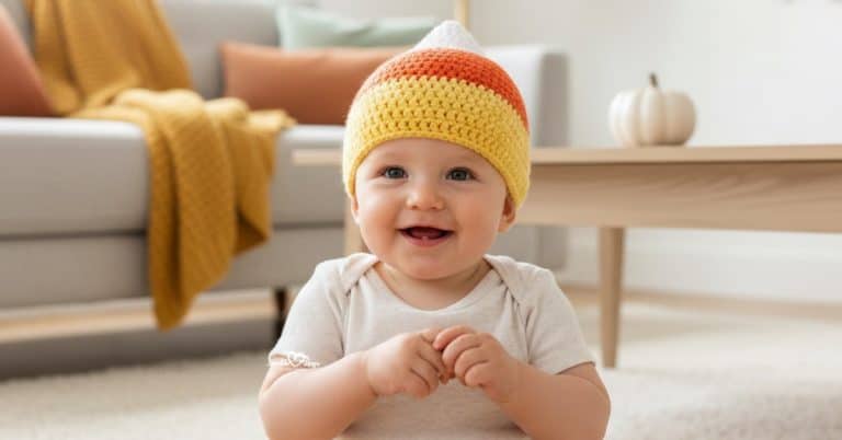 Baby wearing a crochet candy corn hat in white, orange, and yellow while sitting on a soft rug in a cozy fall living room