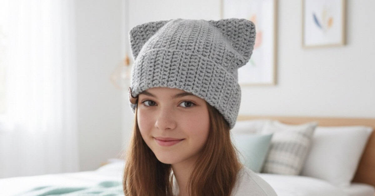 Teen girl wearing a gray crochet cat ear beanie in a bright modern bedroom.