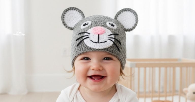 Smiling baby wearing a gray crochet cat hat with round ears, a white muzzle, a pink nose, and whiskers in a bright neutral nursery.