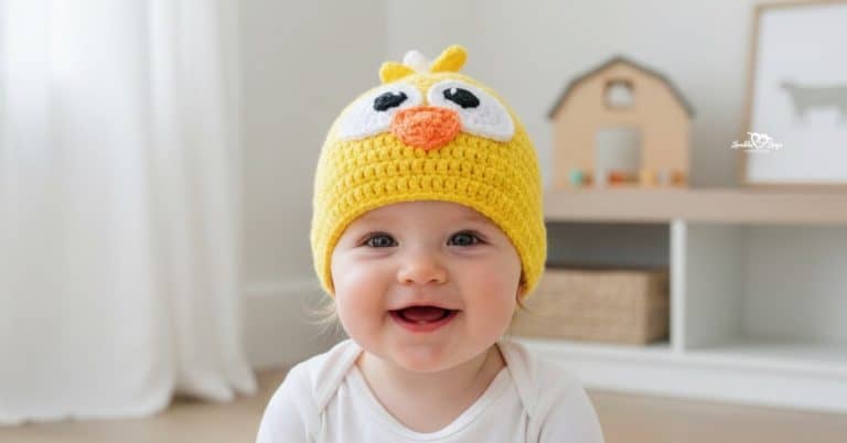 Smiling baby wearing a bright yellow crochet chick hat with big white eyes, an orange beak, and a small yellow tuft in a neutral nursery.