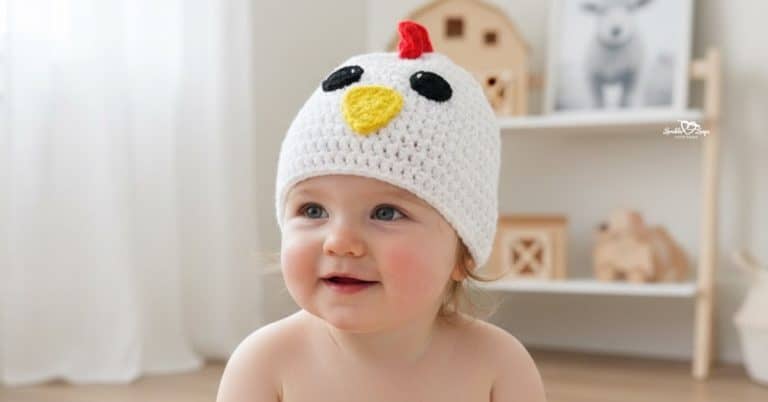 Baby wearing a white crochet chicken hat with black eyes, a yellow beak, and a red comb in a bright neutral nursery.