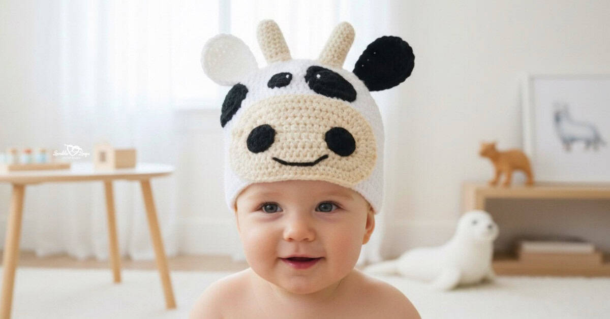 Baby wearing a white crochet cow hat with black spots, small horns, a cream muzzle, and mismatched ears in a soft neutral nursery.