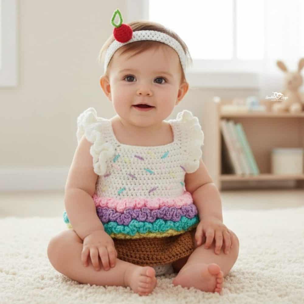 Baby wearing a crochet cupcake costume with sprinkle details and a cherry headband, sitting on a white rug.