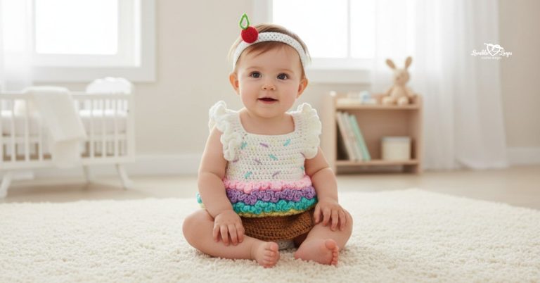 Baby sitting on a cream rug in a nursery, wearing a crochet cupcake costume with a white sprinkle top, colorful ruffle trim, brown bottom, and cherry headband.
