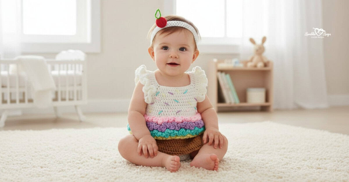 Baby sitting on a cream rug in a nursery, wearing a crochet cupcake costume with a white sprinkle top, colorful ruffle trim, brown bottom, and cherry headband.