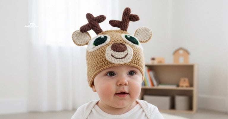 Baby wearing a tan crochet deer hat with brown antlers, cream ears, and a smiling deer face in a soft neutral nursery.