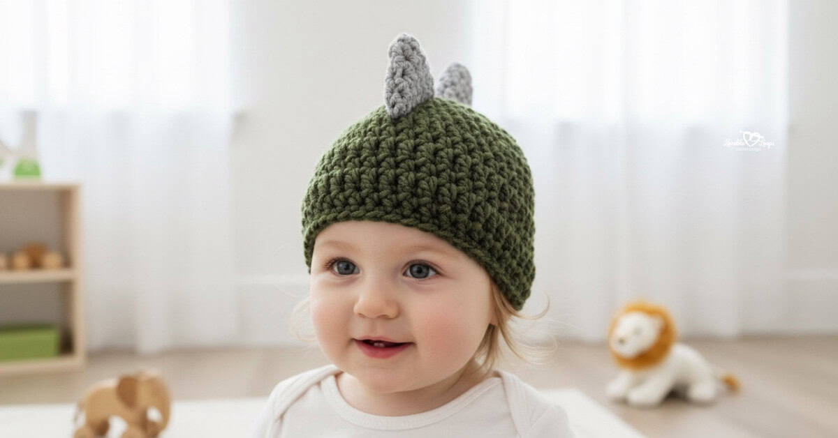 Baby wearing a dark green crochet dinosaur hat with gray spikes in a soft neutral nursery.