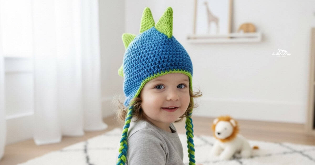 Toddler wearing a blue crochet dinosaur hat with green spikes and braided earflaps in a bright neutral nursery.